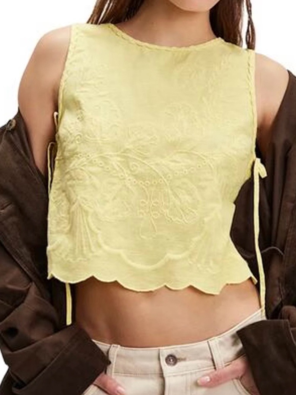Free People Embroidered Scallop-Hem Crop Top in Yellow size XS